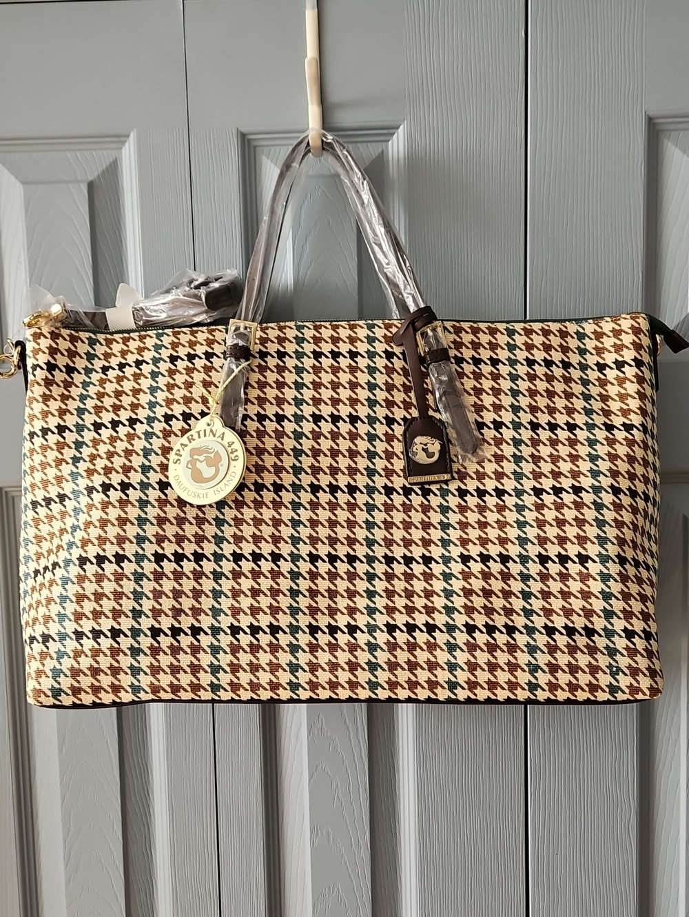 NWT Spartina 449 Eliza Traveler Tote in Brown, Tan, Cream & Teal Houndstooth
